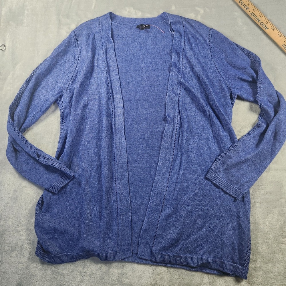 Talbots Sweater Med PetiteBlue 100% Linen Cardigan Open Front Long Sleeve Beachy